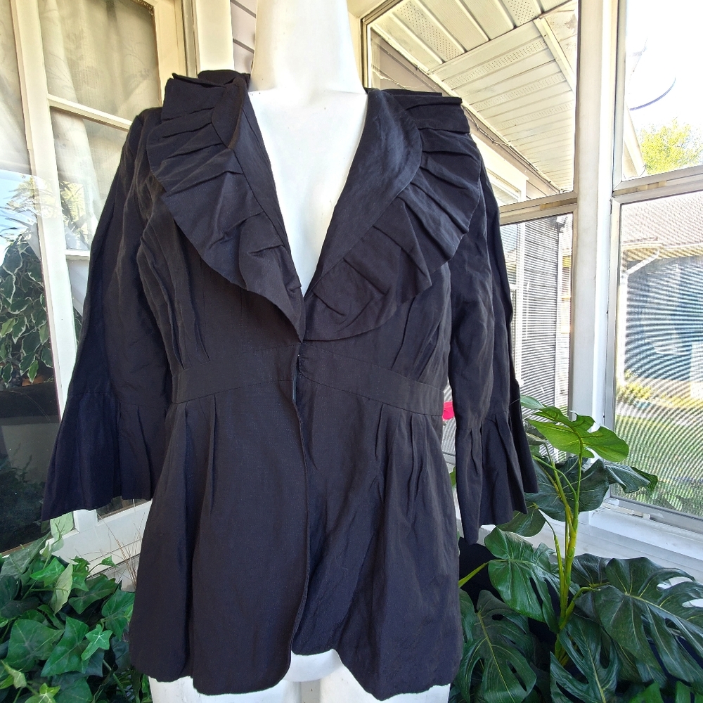 Cabi Black Metallized Polycotton Ruffle Pleated Dressy Jacket/Blazer with Lining